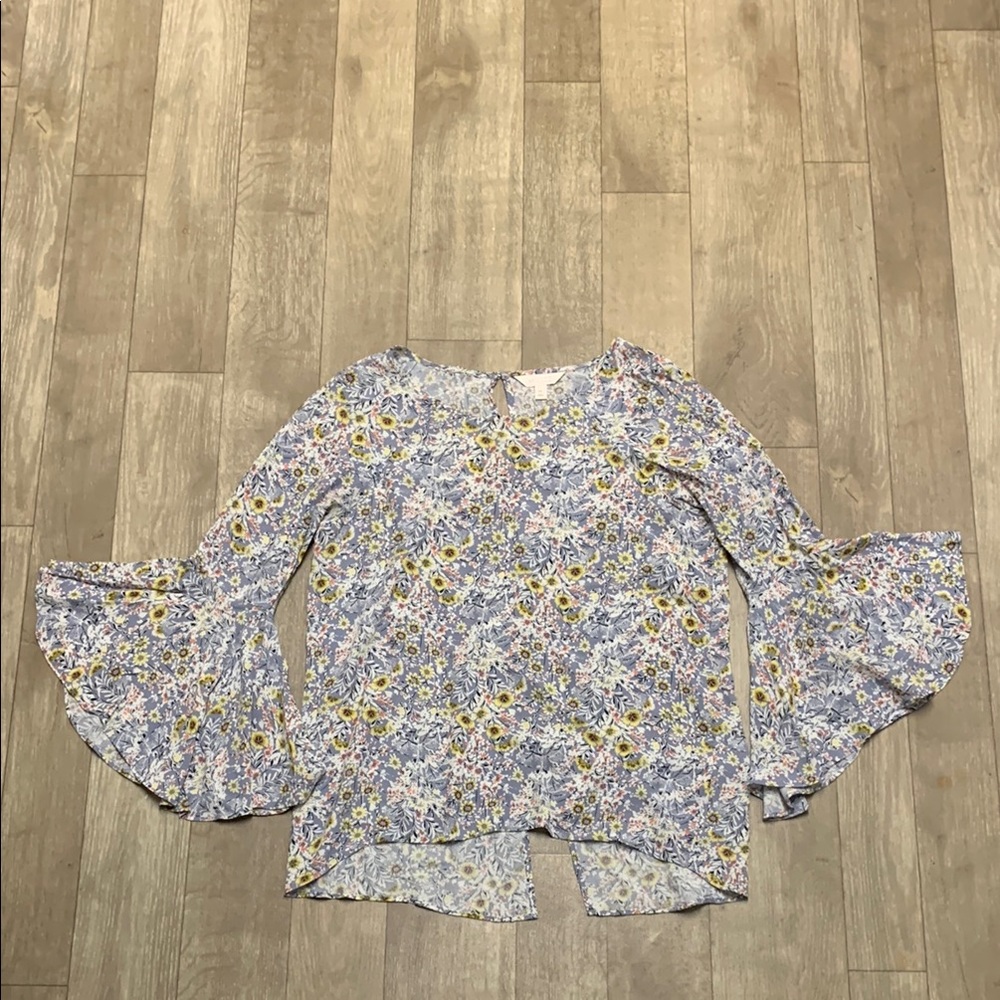 Womens‎ LC Lauren Conrad Floral Bell Sleeve Split Back Keyhole Top Shirt